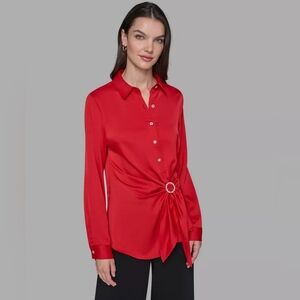 KARL LAGERFELD PARIS Satin Long Sleeve Blouse In Admiral Red Sz XL